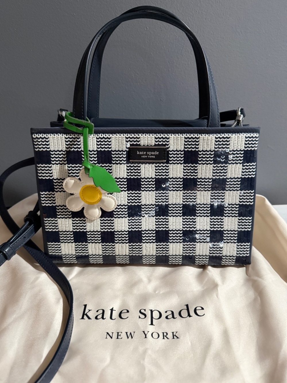 Kate Spade New York Sam iconic Gingham Sequin Tote w/branded charm & dusty